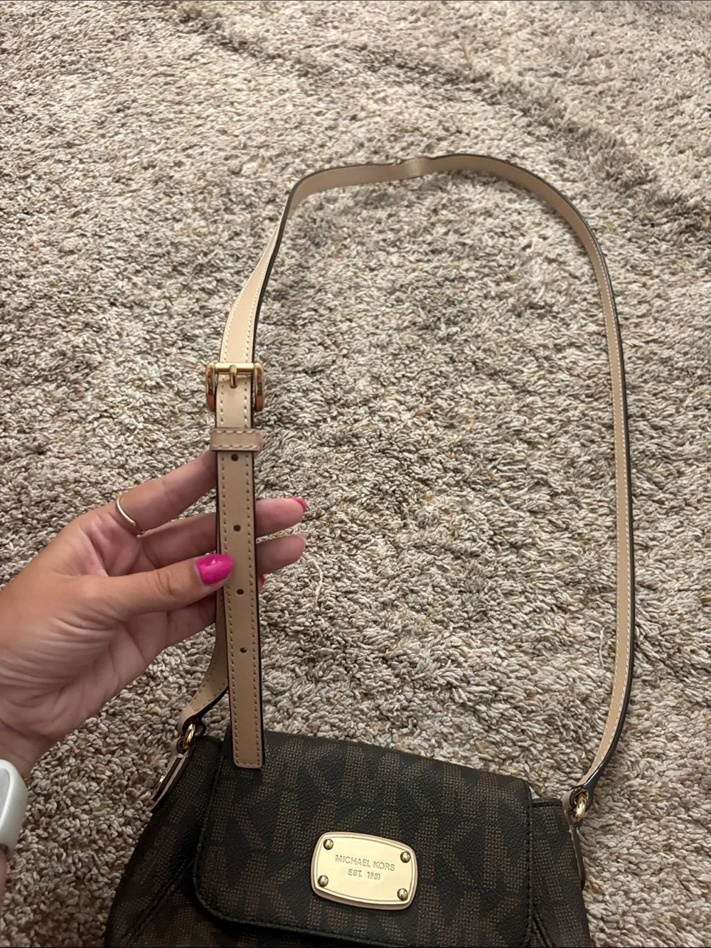 Michael Kors Dark Brown Monogram Crossbody with Gold Plaque